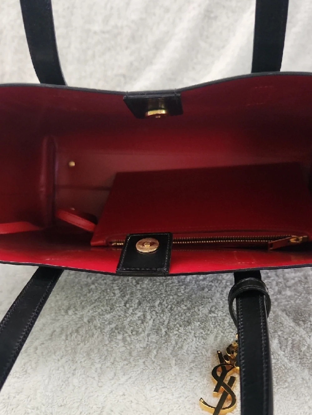 Saint Laurent Black Leather Tote with Red Interior and Gold YSL Charm NEW! - Picture 7 of 13